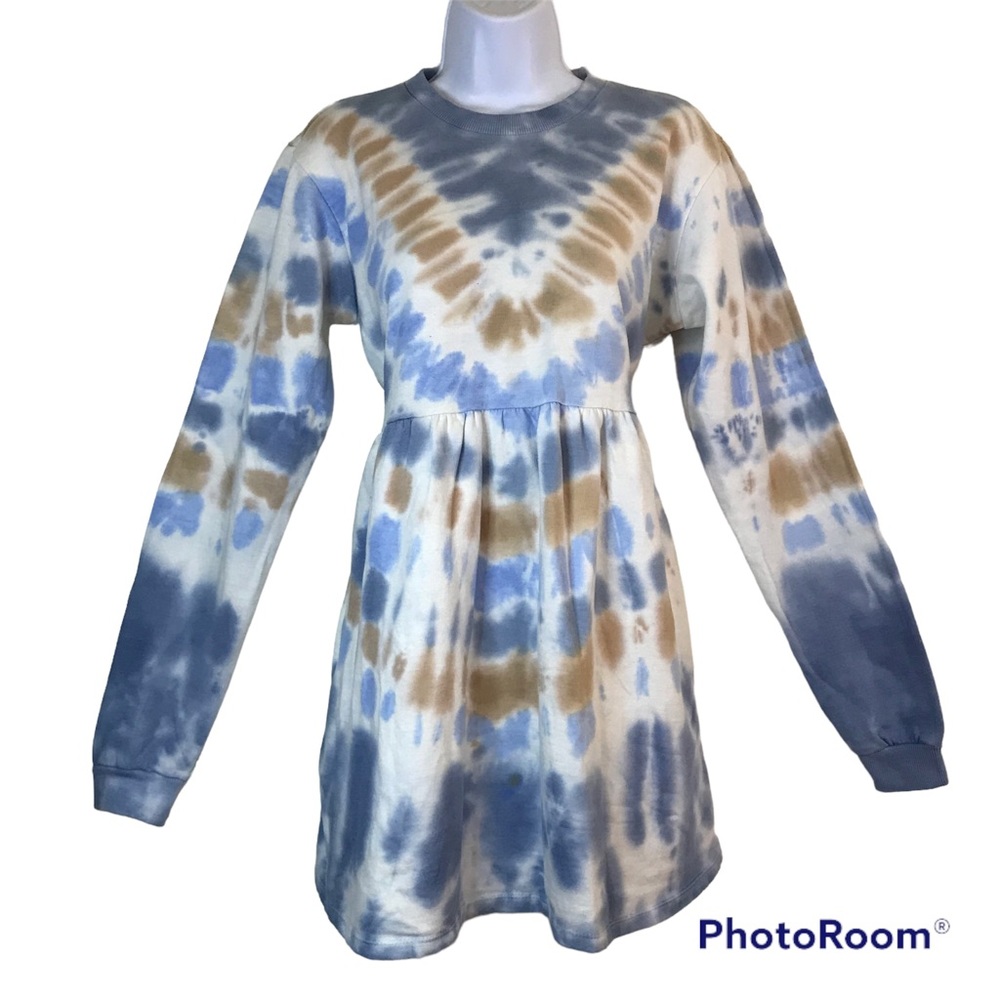 Ultra Flirt Sweatshirt Dress Blue Tan Tie-Dye Crew Neck Fleece